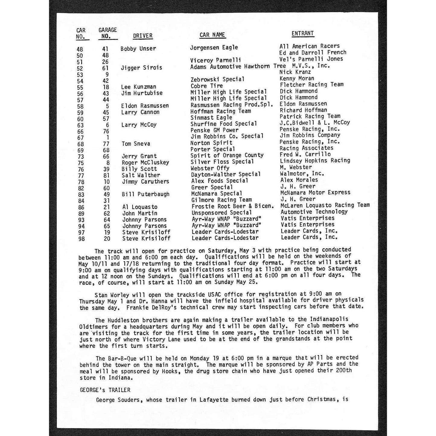 1975 Indy 500 Indianapolis Motor Speedway Oldtimers Club Driver Entry List