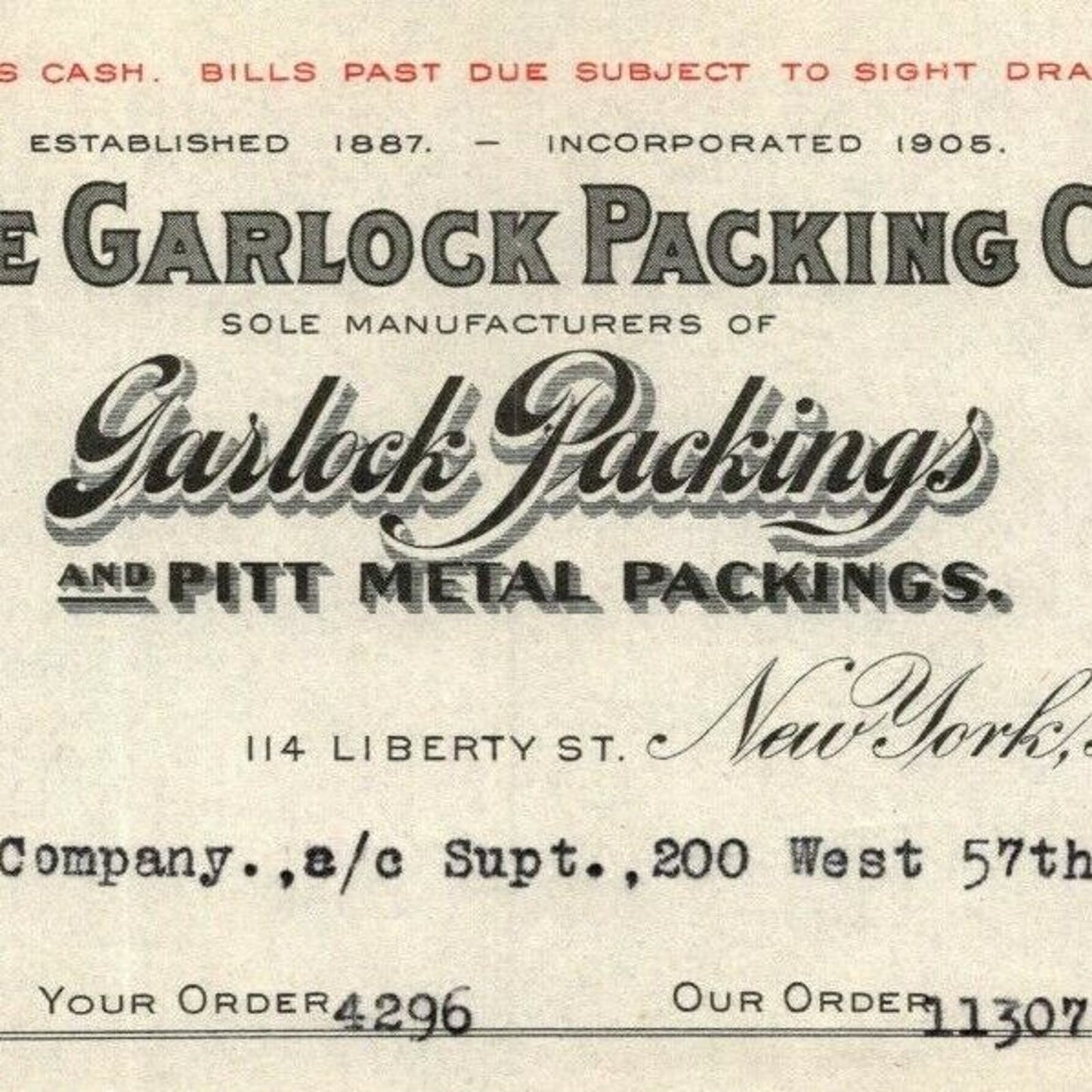 1915 "The Garlock Packing Co." Metal Billhead Letterhead 114 Liberty St. NYC