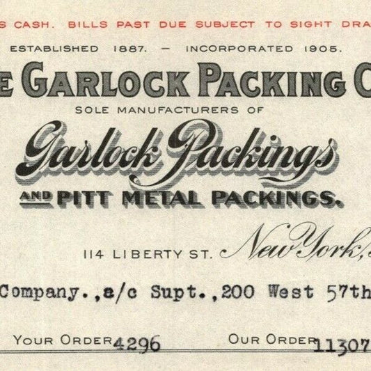 1915 "The Garlock Packing Co." Metal Billhead Letterhead 114 Liberty St. NYC