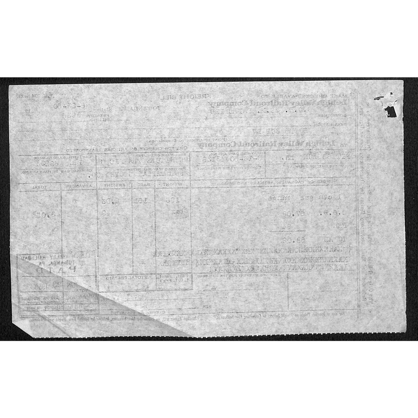 Lehigh Valley Railroad 1950 Freight Bill for Gas Range #3935