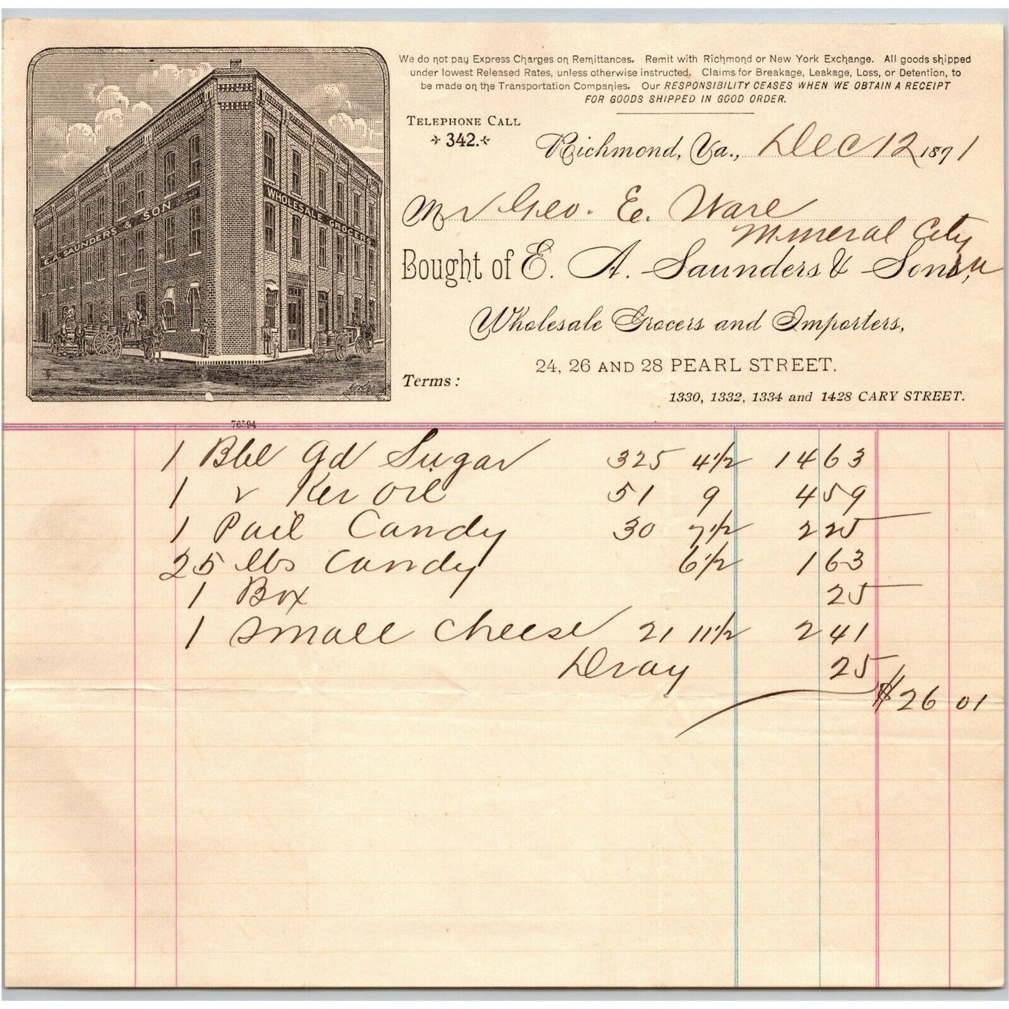 E.A. Saunders & Sons Whsl. Grocers Richmond, VA Letterhead Geo. E. Wear 1891