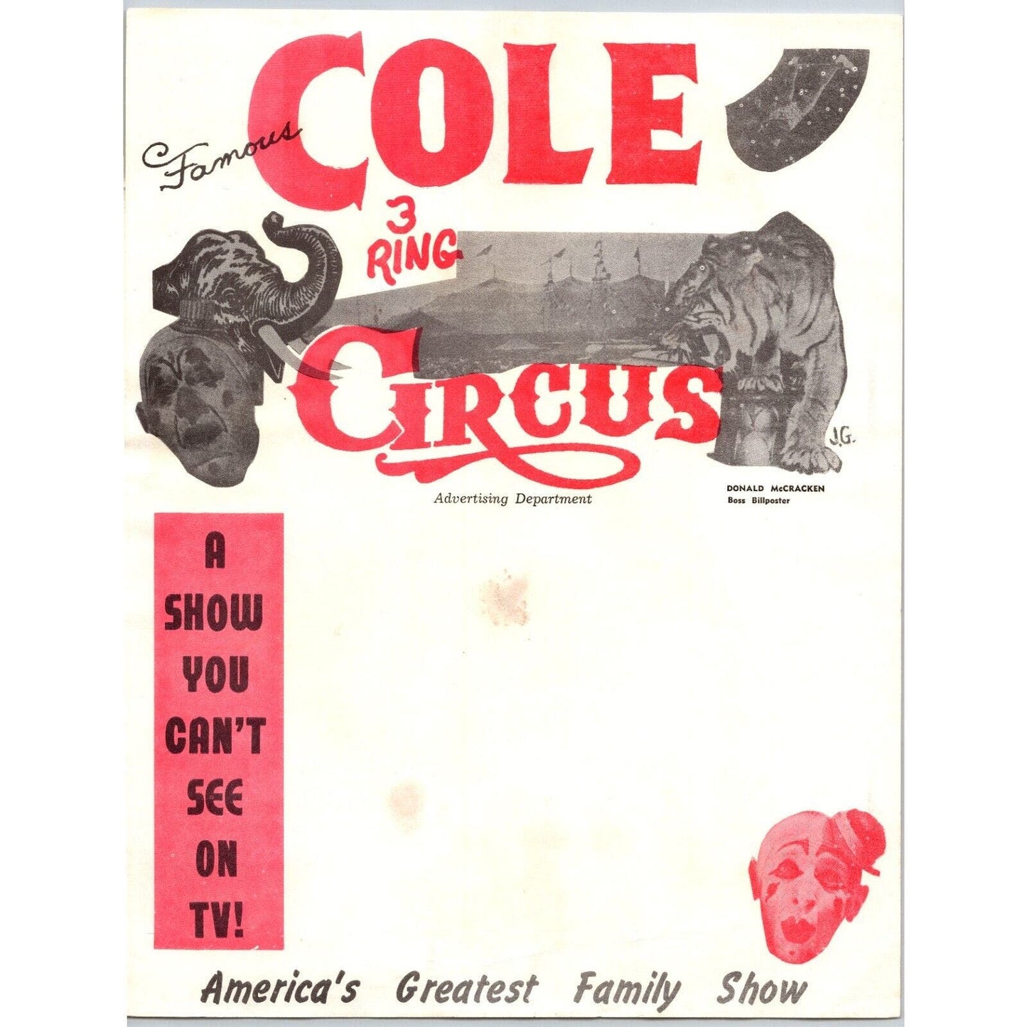 Famous Cole 3 Ring Circus Letterhead "Can't See on TV" c1957-60 Zebra Scarce