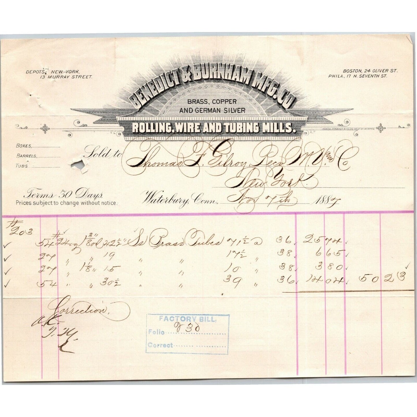 1887 "Benedict & Burnham Mfg. Co" Silver Billhead Letterhead Waterbury - CONN