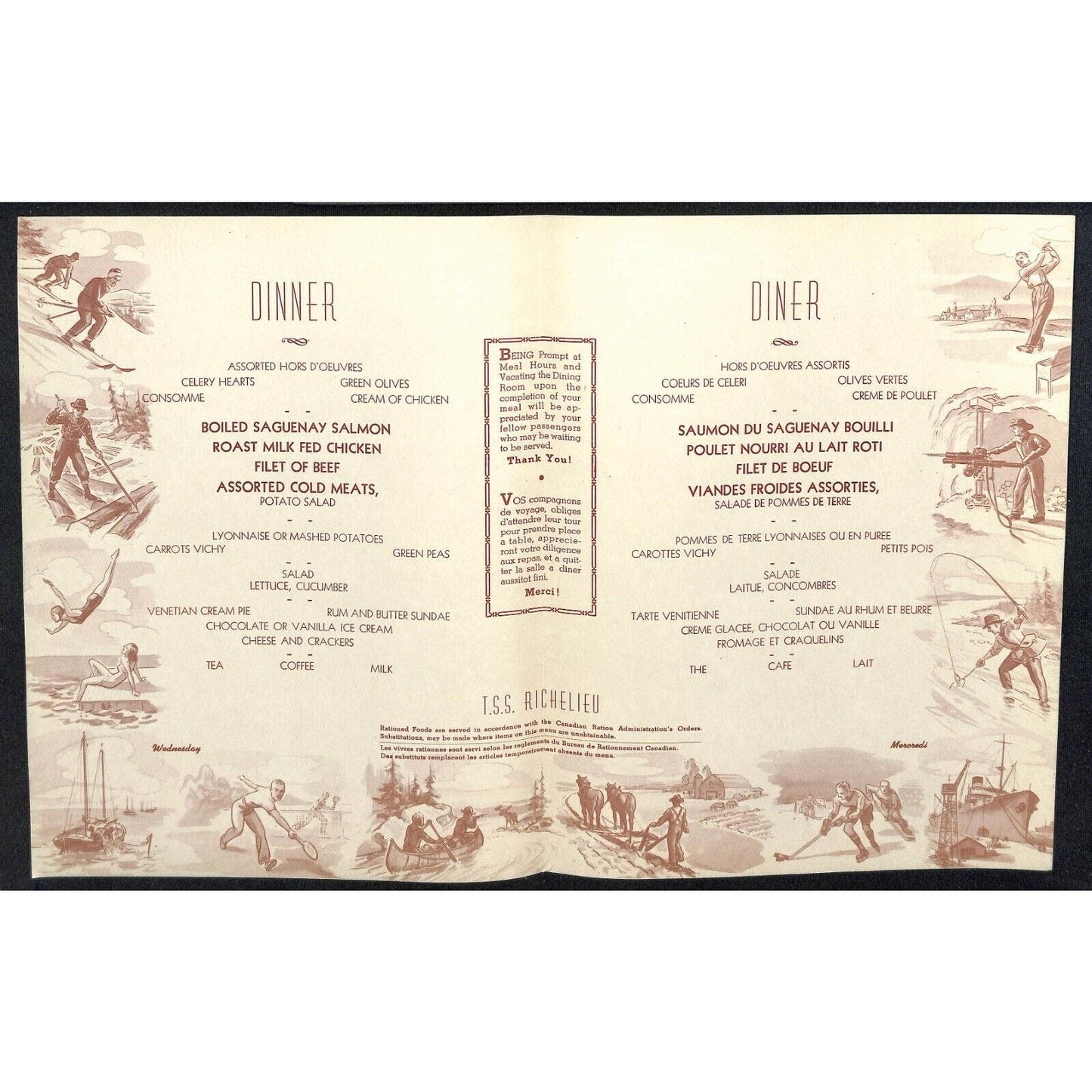 WWII Era Canada Steamship Lines Cruise Eng/Frn Food Rationing Dinner Menu Wagon