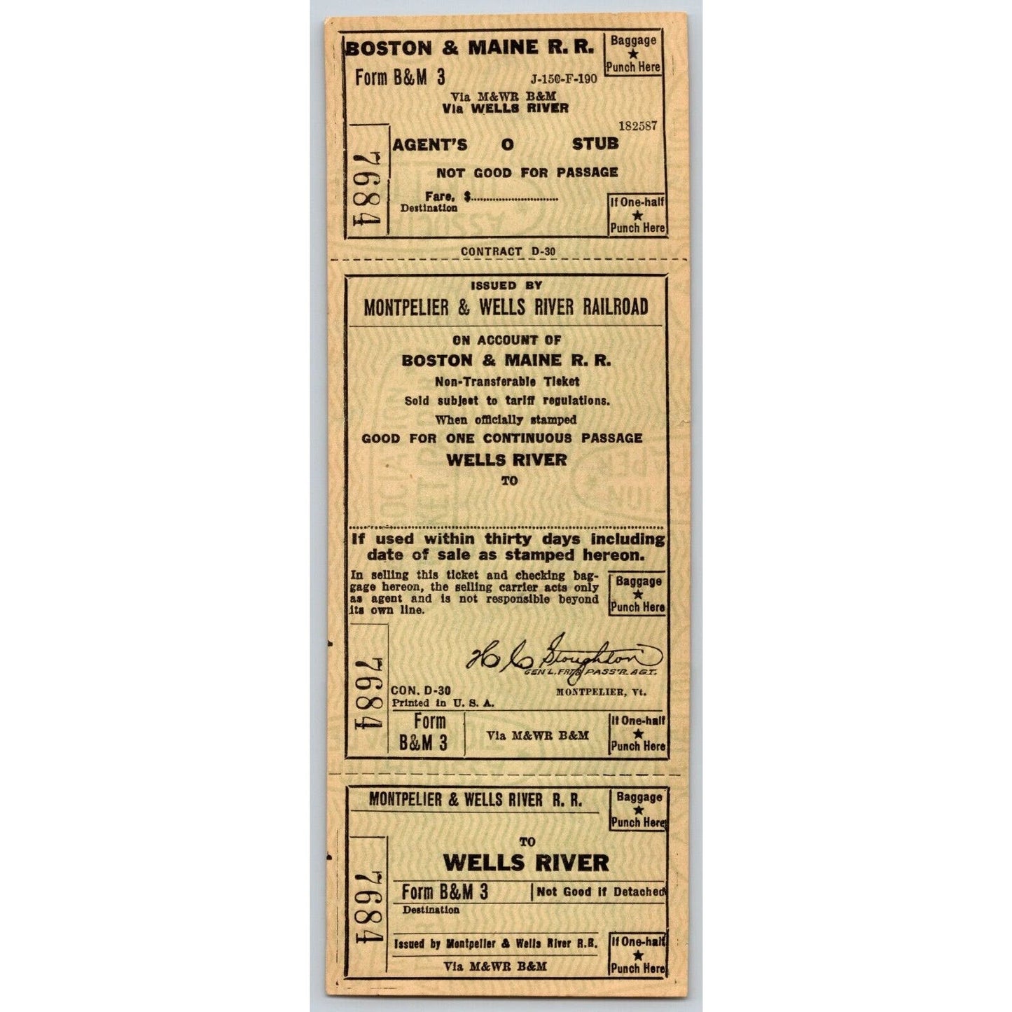 Montpelier & Wells River Railroad Unused Ticket #7684 VGC