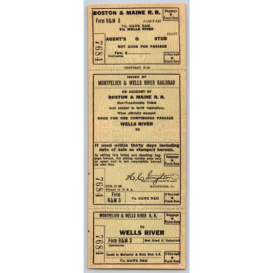 Montpelier & Wells River Railroad Unused Ticket #7684 VGC