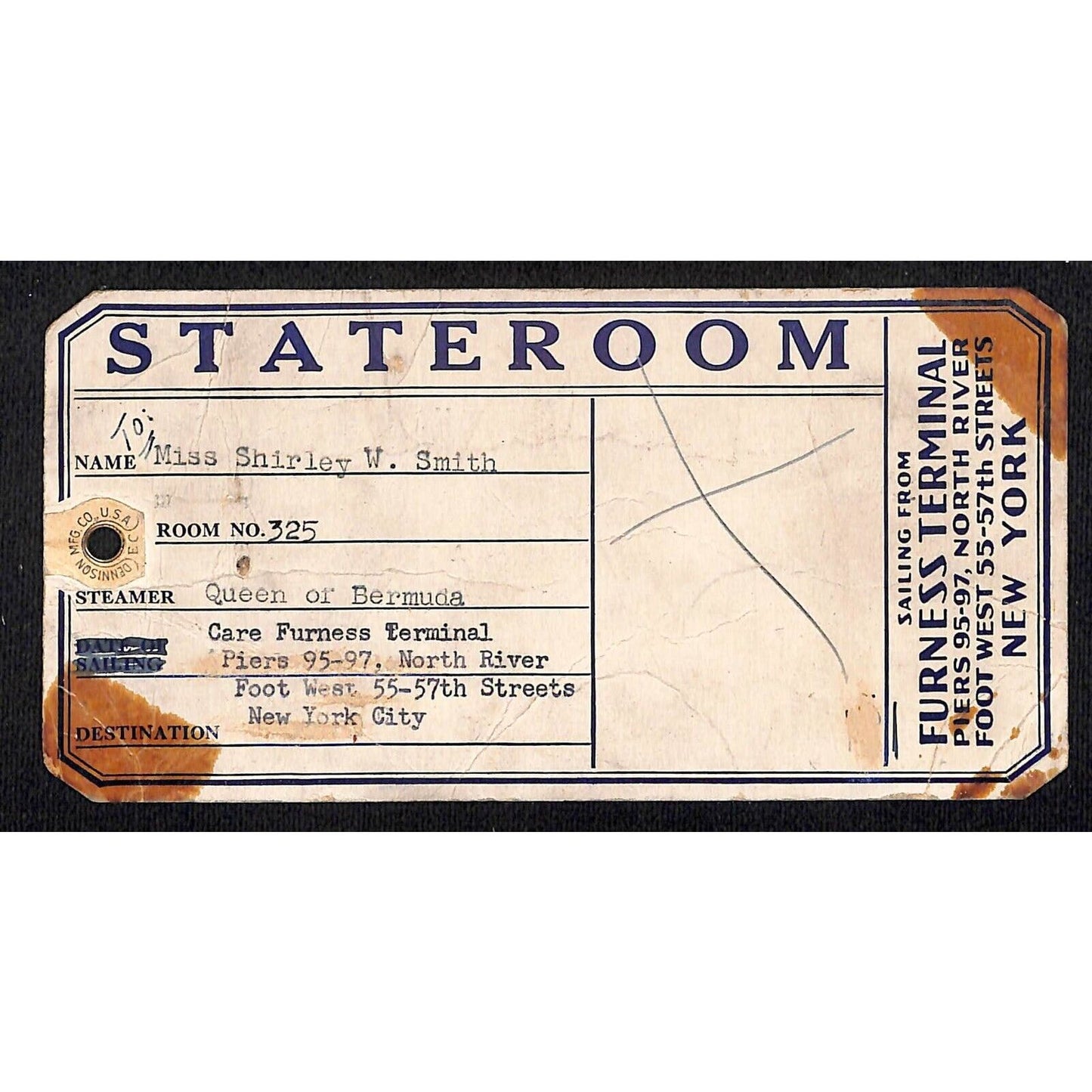 New York to Bermuda Luggage Tag Furness Terminal Piers 95-97 NYC c1930's Scarce