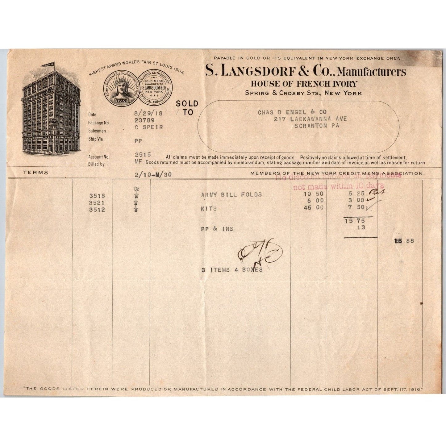 NYC Spring & Crosby Sts. S. Langsdorf & Co. "Engel" 1918 Billhead Scarce
