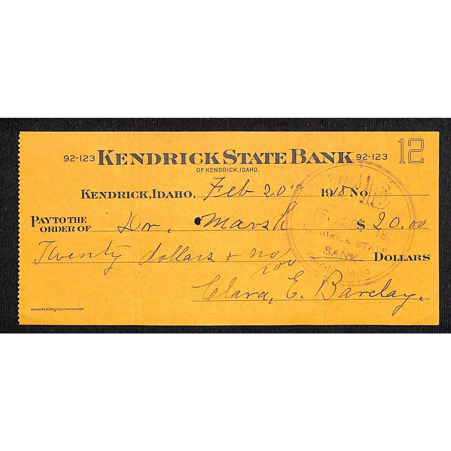 Kendrick State Bank - Idaho $20 Bank Check 1918