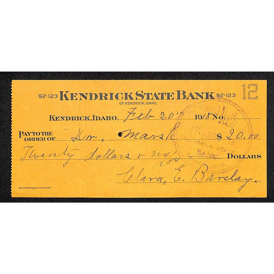 Kendrick State Bank - Idaho $20 Bank Check 1918