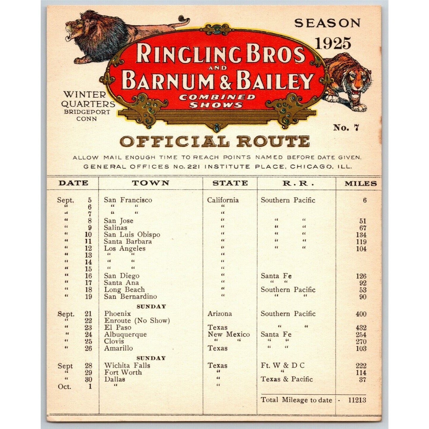 Ringling Bros. B&B Circus Route Card California Phoenix New Mexico Scarce 1925