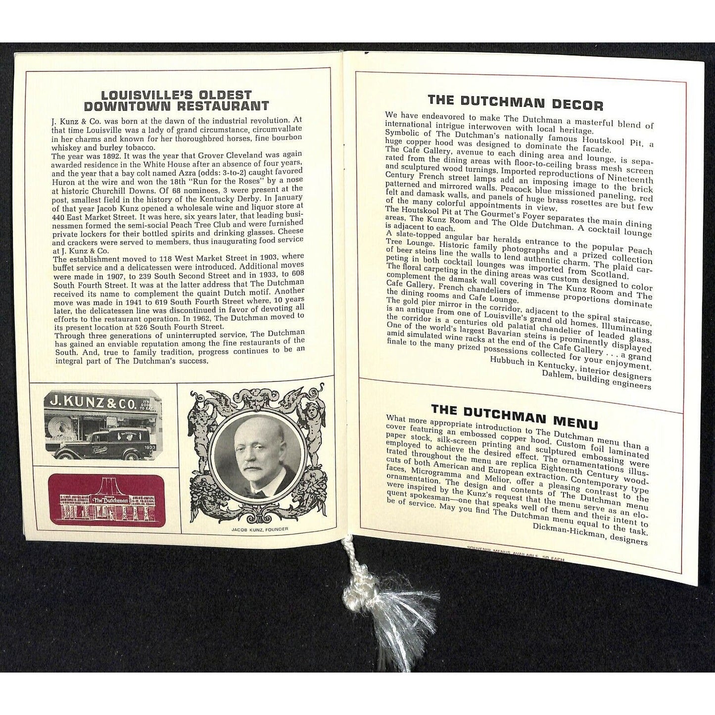c1970's-80's Kunz's The Dutchman Restaurant Menu Louisville, KY 12pp VGC