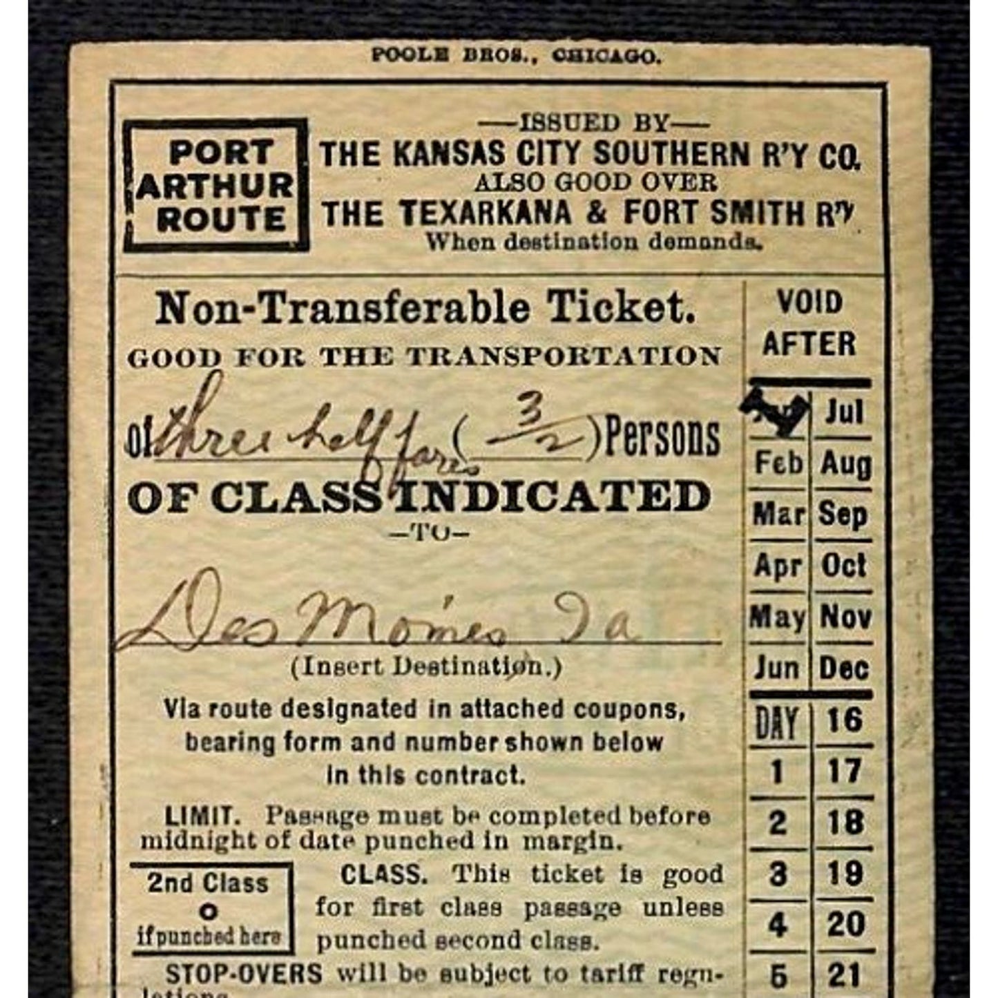 1918 Kansas City Southern Railway Port Arthur Route Ticket #991 - 10 1/4"L