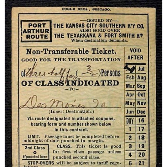 1918 Kansas City Southern Railway Port Arthur Route Ticket #991 - 10 1/4"L