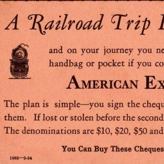 c1920's -1930's Ink Blotter American Express Travelers Cheques - Railroad