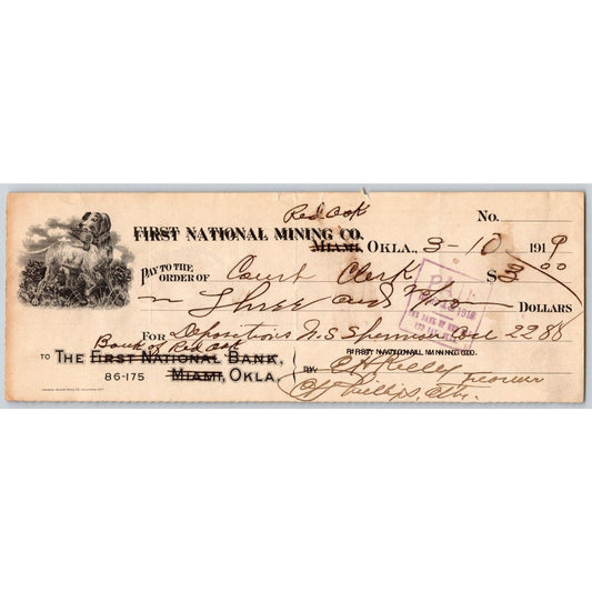 Miami / Red Oak OK 1919 First National Mining Co. Bank Check Hunting Dog w/ Bird