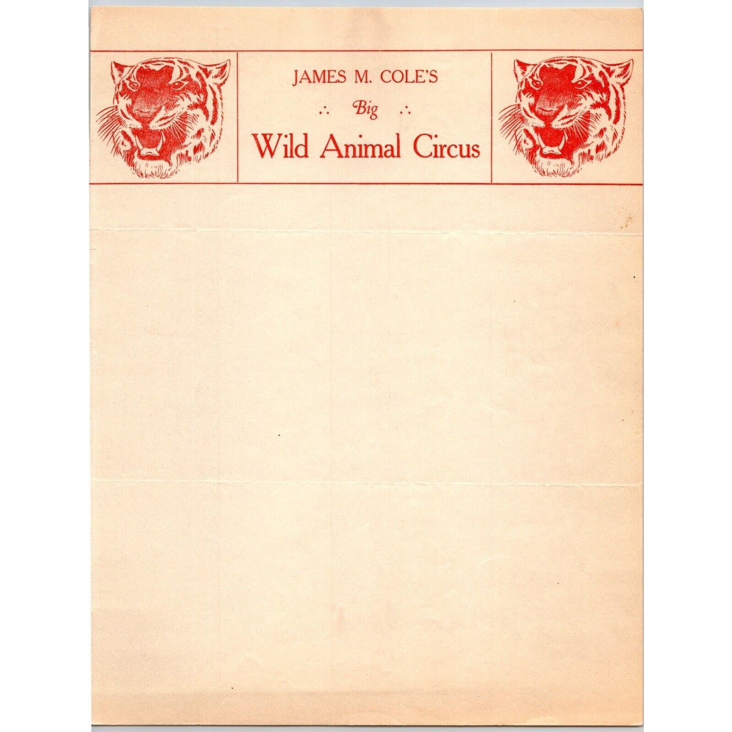 James M. Cole's Big Wild Animal Circus Letterhead c1936 Tiger Scarce