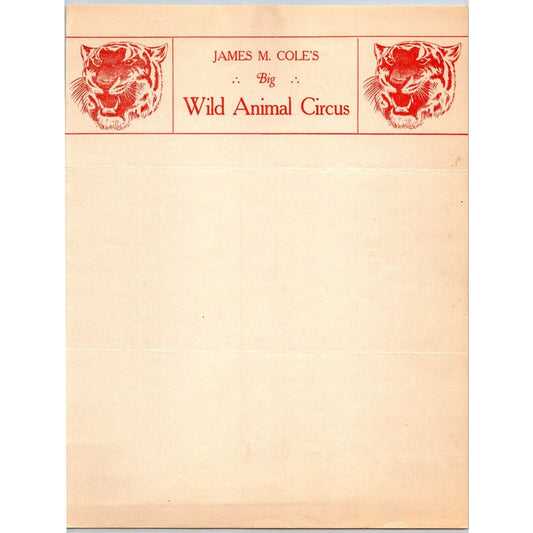 James M. Cole's Big Wild Animal Circus Letterhead c1936 Tiger Scarce