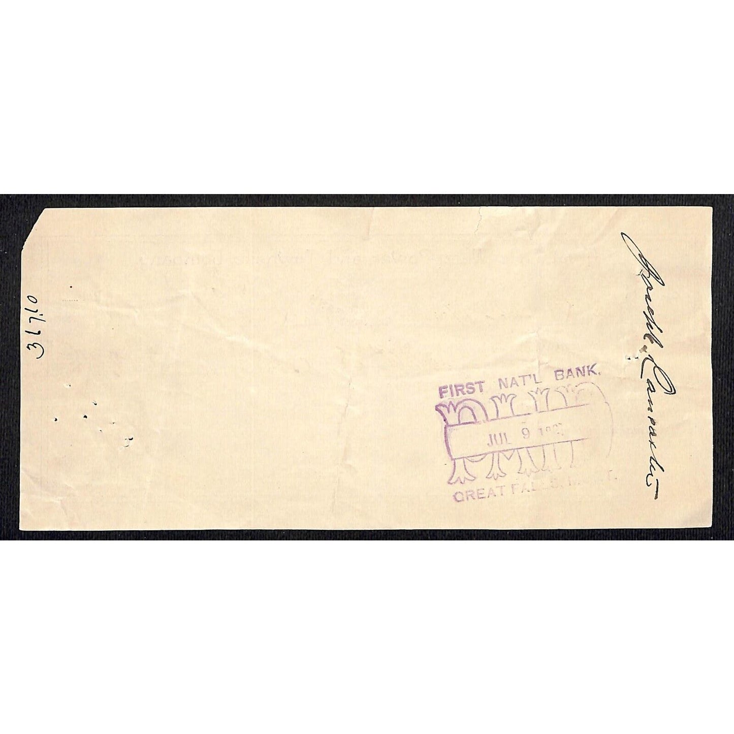 Montana 1891 Great Falls Water Power and Townsite Co. - Receipt / Time Check