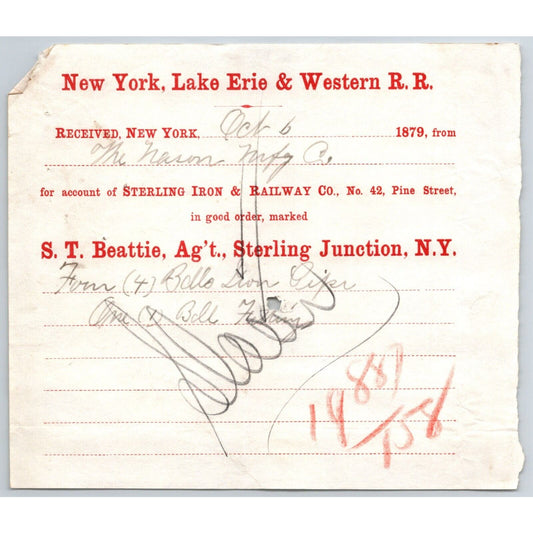 New York, Lake Erie & Western R.R. 1879 Railroad Freight Billhead 4 Balls of ?