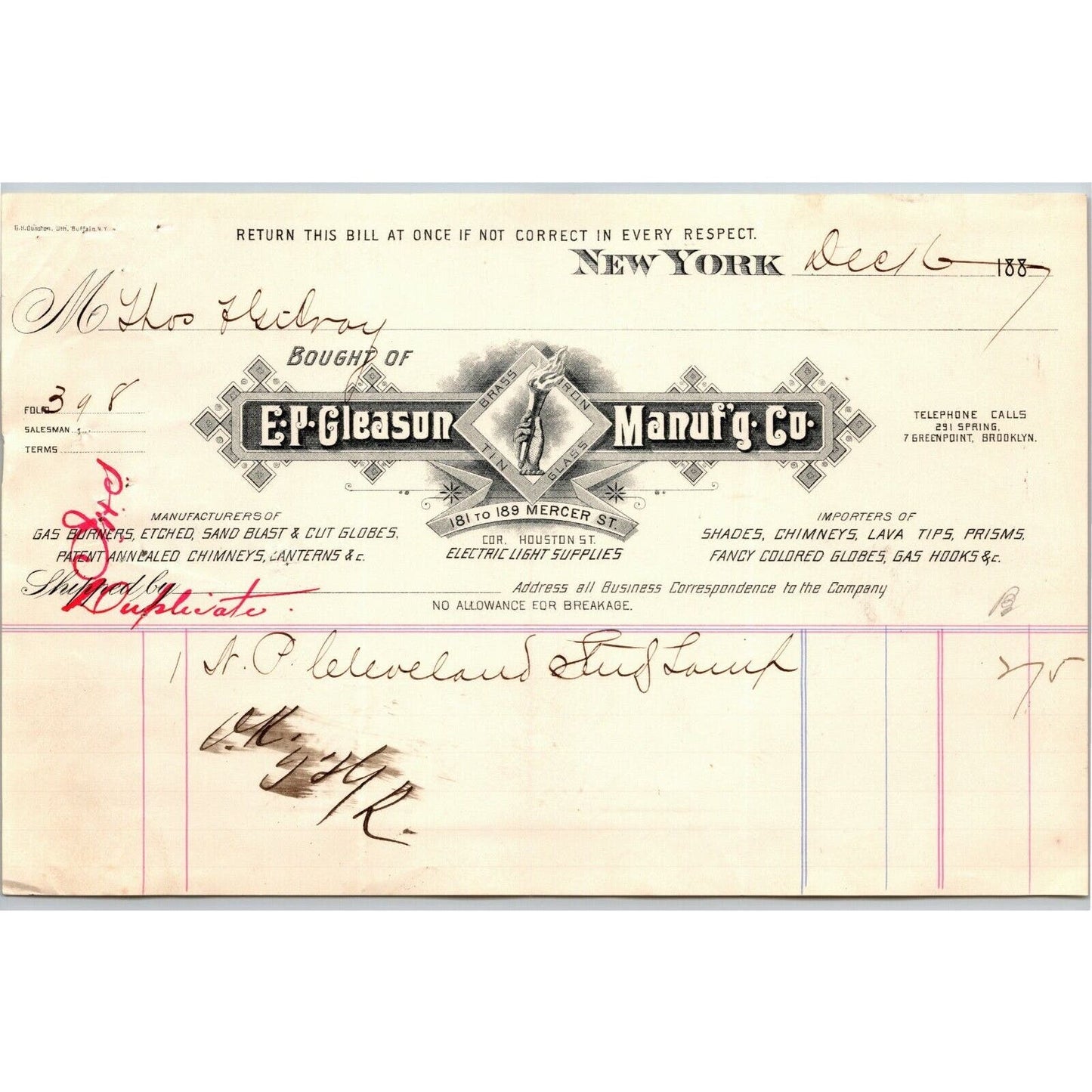 1887 E. P. Gleason Chimneys Globes Lanterns Billhead Letterhead Mercer St. NYC
