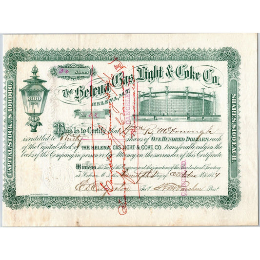 Helena Gas Light & Coke Co. Montana 1884 Stock Certificate - 30 Shares Cert #32