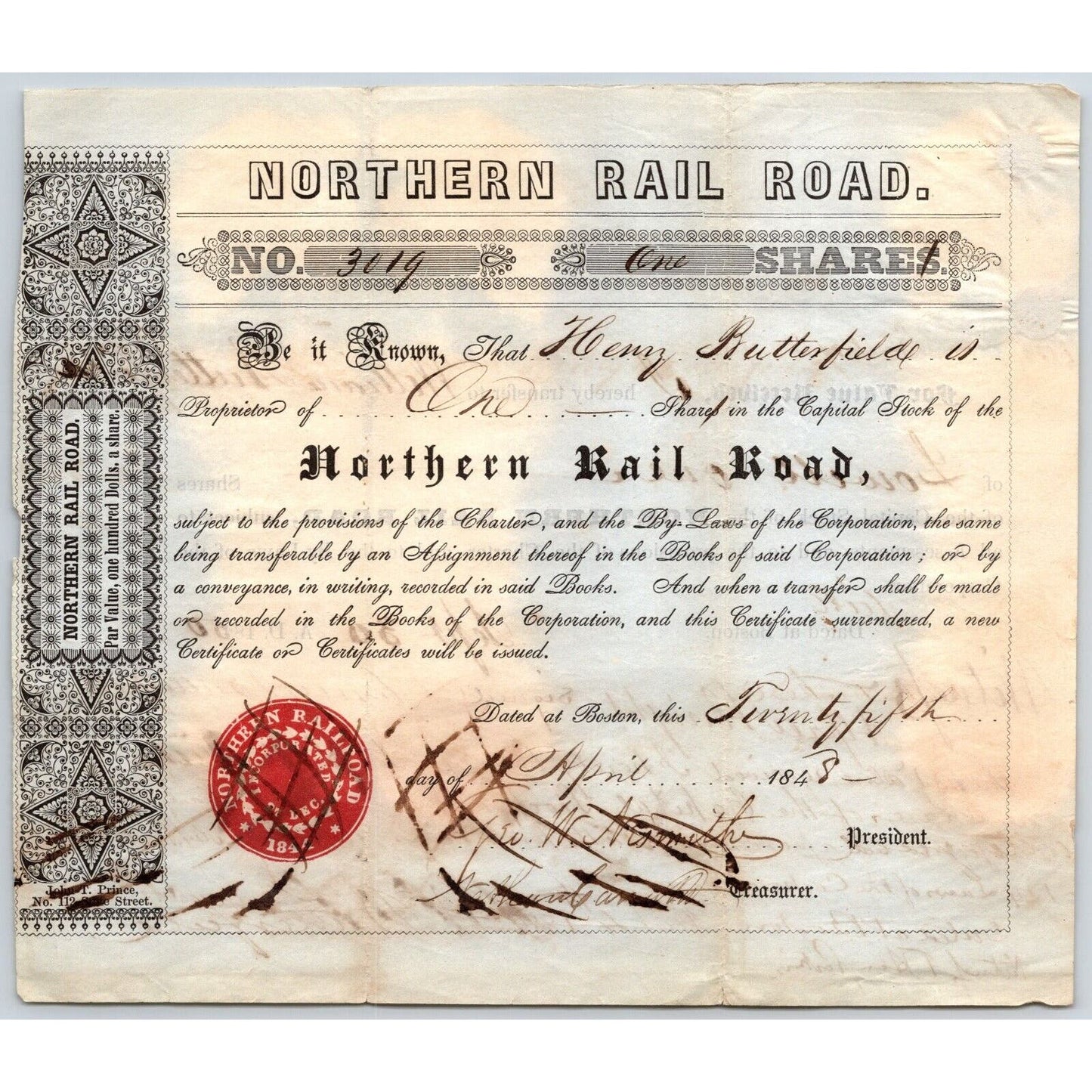 1848 Boston, MA Northern Railroad Stock Certificate No. 3019 for 1 Share