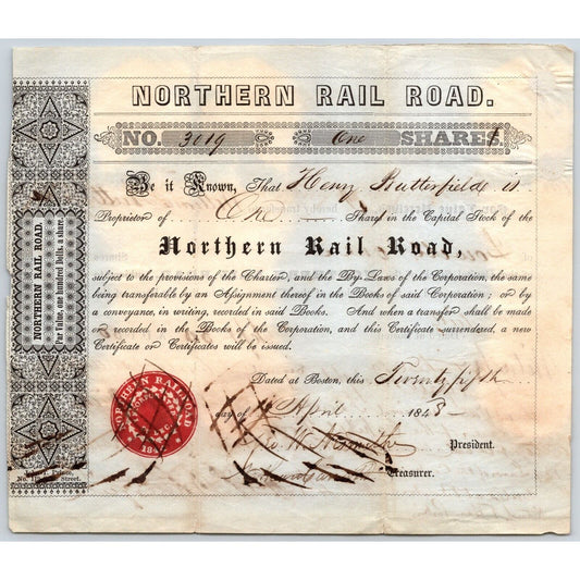 1848 Boston, MA Northern Railroad Stock Certificate No. 3019 for 1 Share