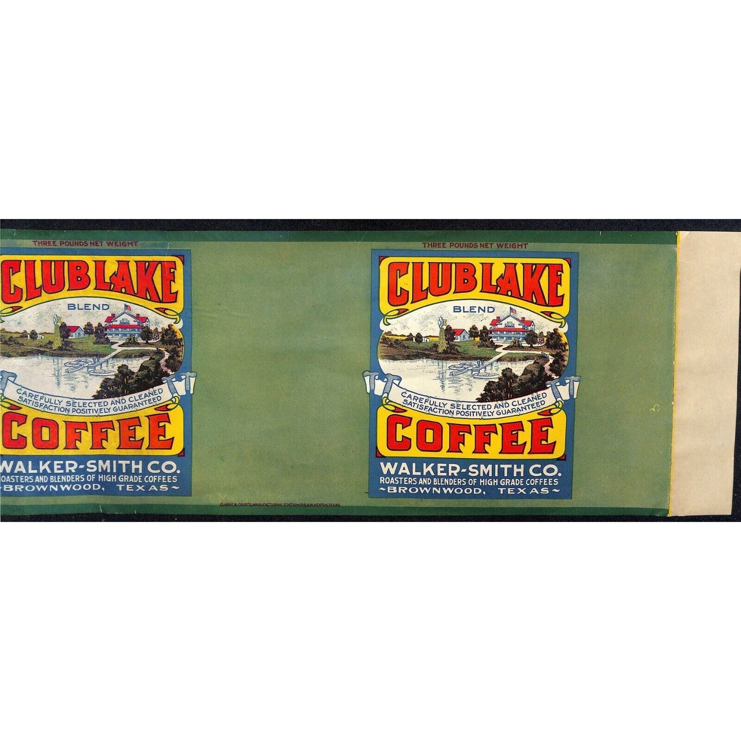 Scarce Club Lake Coffee Walker-Smith Brownwood, TX Paper Label c1930