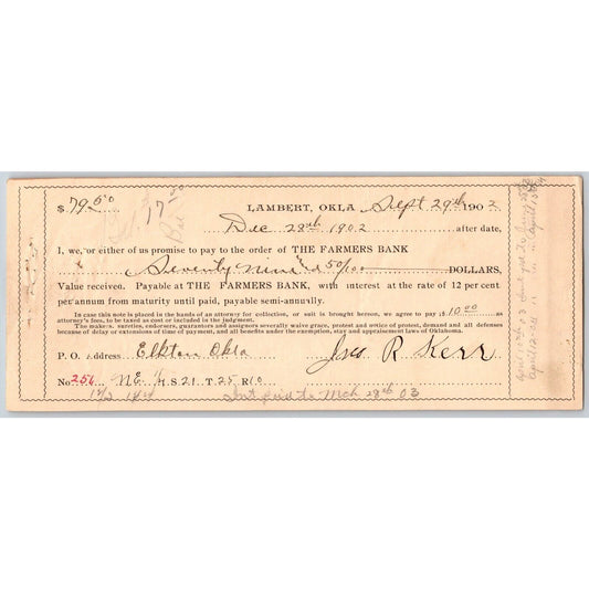 Lambert, OK 1902 Territorial "The Farmers Bank" Promissory Note - Scarce