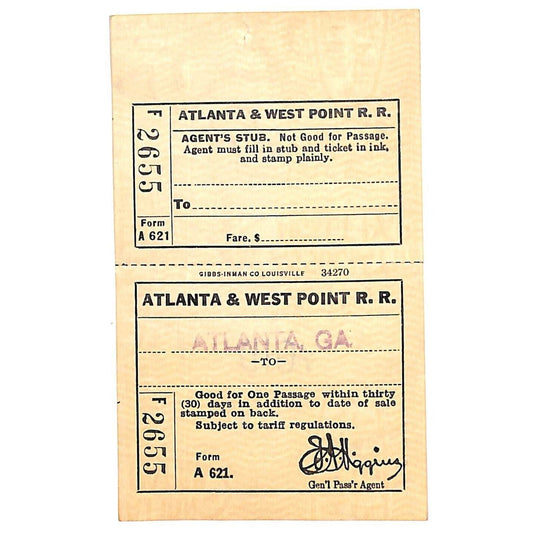 Atlanta and West Point Rail Road Co. Unused Void Ticket c1930's-40's #2655