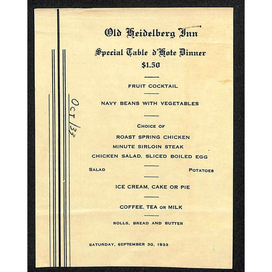 1933 Old Heidelberg Inn Restaurant Special Table d'hote Dinner Menu Card