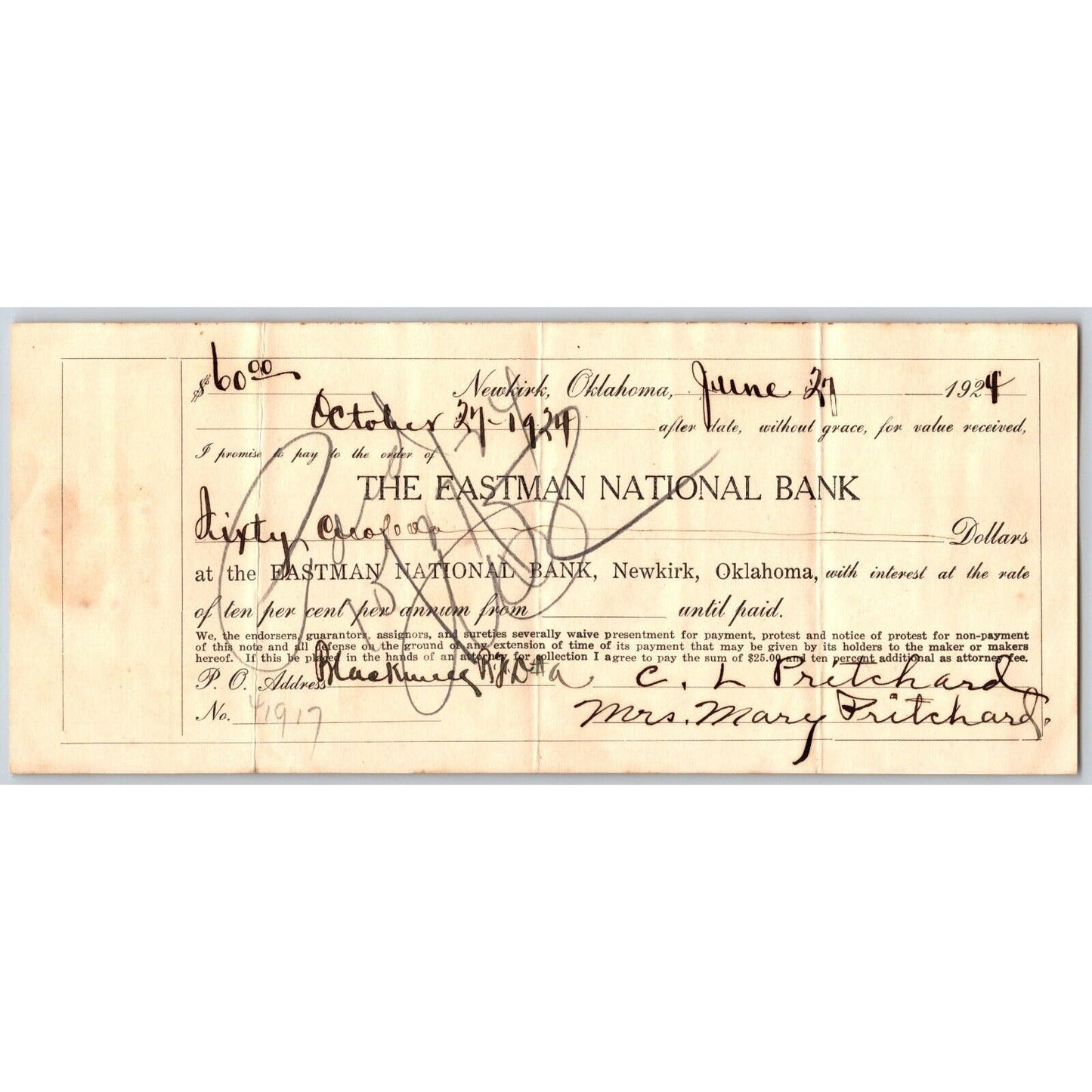 Newkirk, Oklahoma 1924 Eastman National Bank Promissory Note