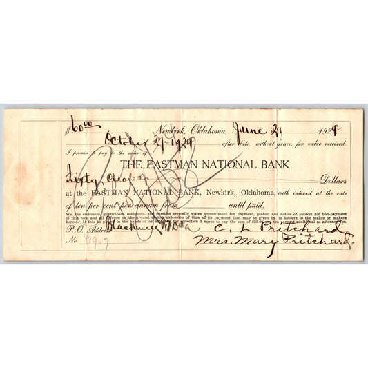 Newkirk, Oklahoma 1924 Eastman National Bank Promissory Note