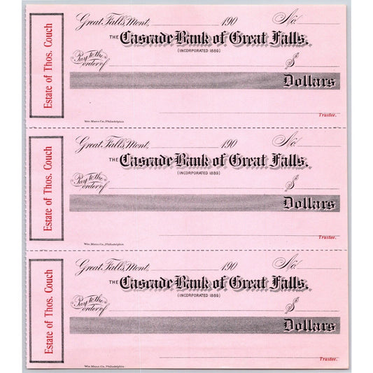 Great Falls Montana Estate of Thos. Couch Cascade Bank Check Sheet 1900 - 1909