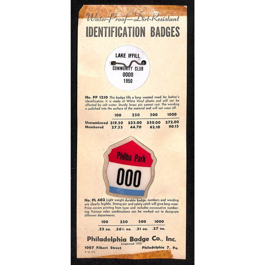 1950 ID Pinbacks on Phila. Badge Co. Catalog Salesman's Sample Card
