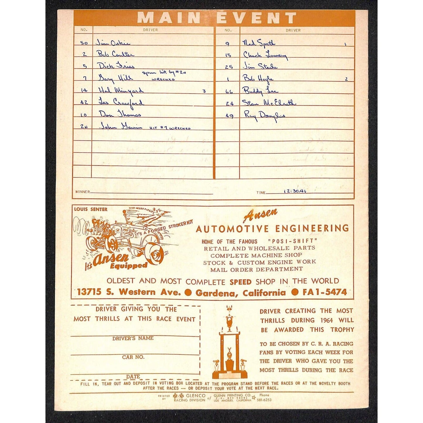Scarce 8/5 1964 Big Car Auto CRA Racing Program Ascot Park Gardena 12pp.