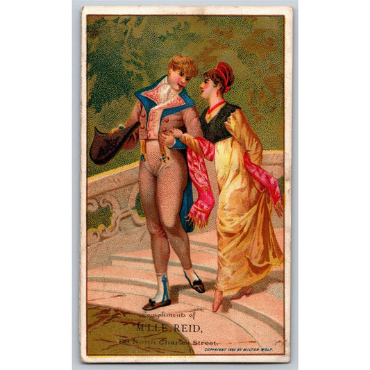 M'lle Reid Victorian Trade Card Fancy Dressed Couple Outdoors on Steps
