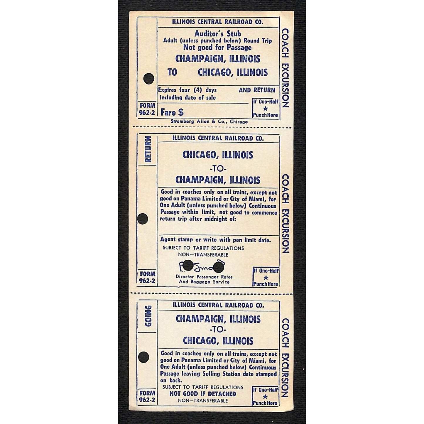 Illinois Central Railroad Unnumbered SAMPLE Ticket Champaign -Not Good for Miami