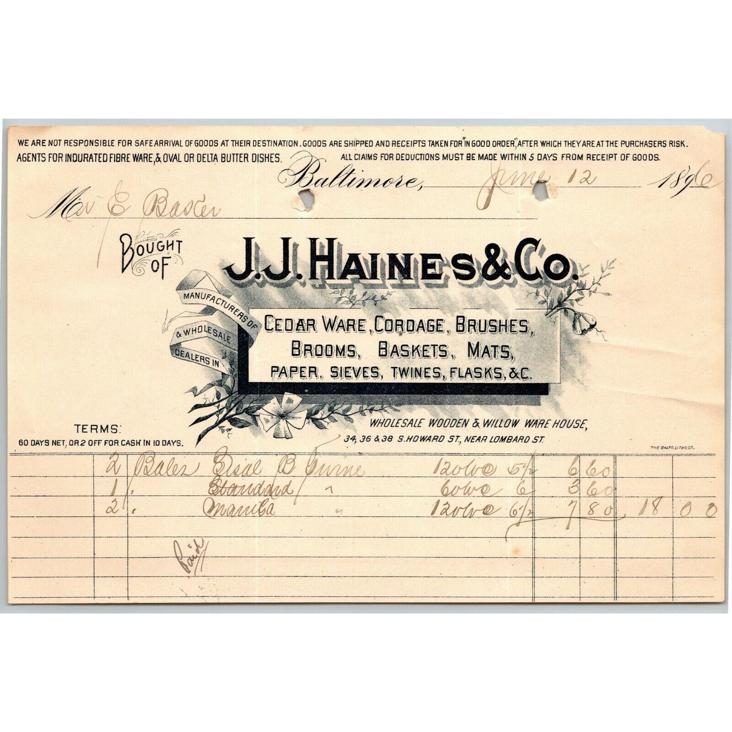 1896 Letterhead Billhead J.J. Haines Baskets Mats Baltimore Ephraim Baker*