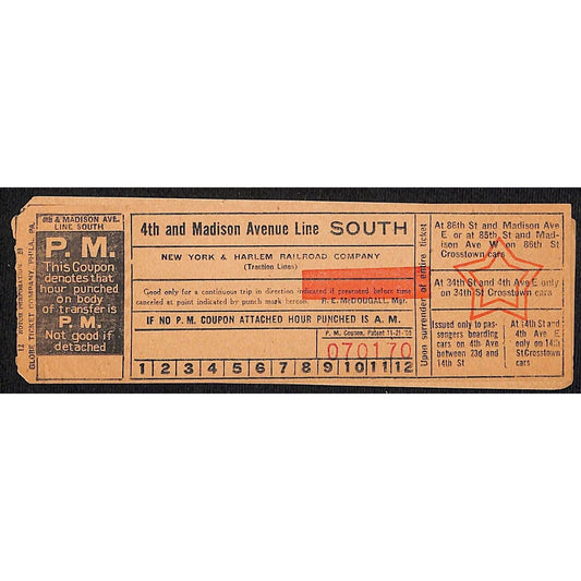 New York & Harlem Railroad 4th and Madison Line South Unused Ticket c1920