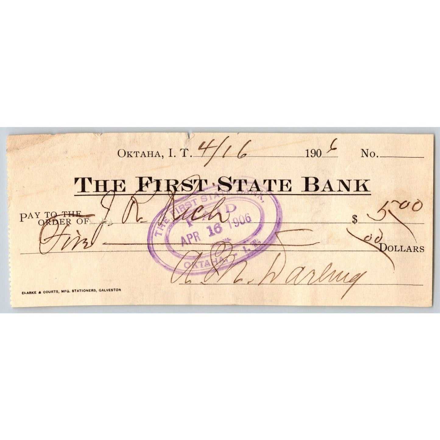 Oktaha, Oklahoma Indian Territory 1906 $5 First State Bank Check - Scarce