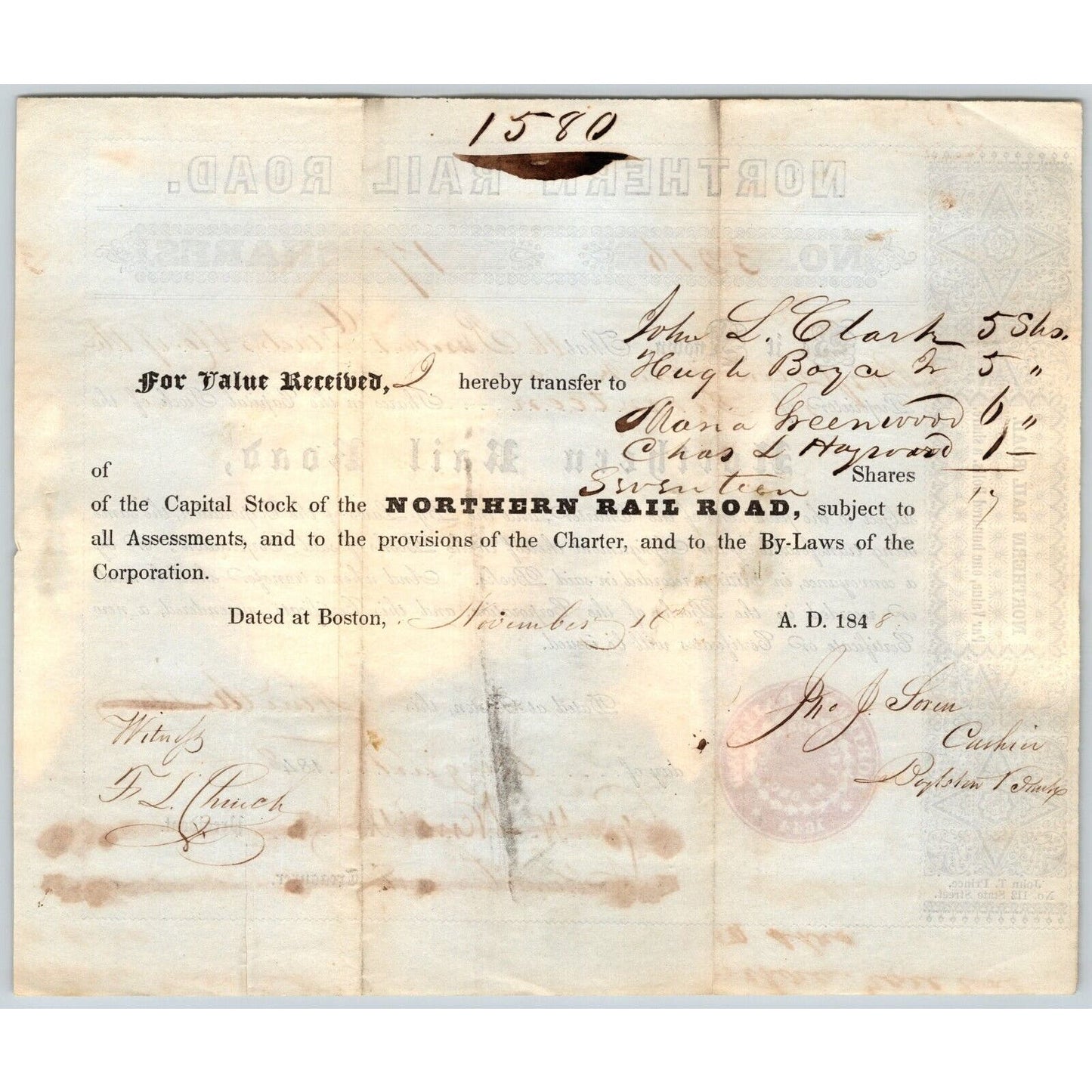 1848 Boston, MA Northern Railroad Stock Certificate No. 3216 for 17 Shares