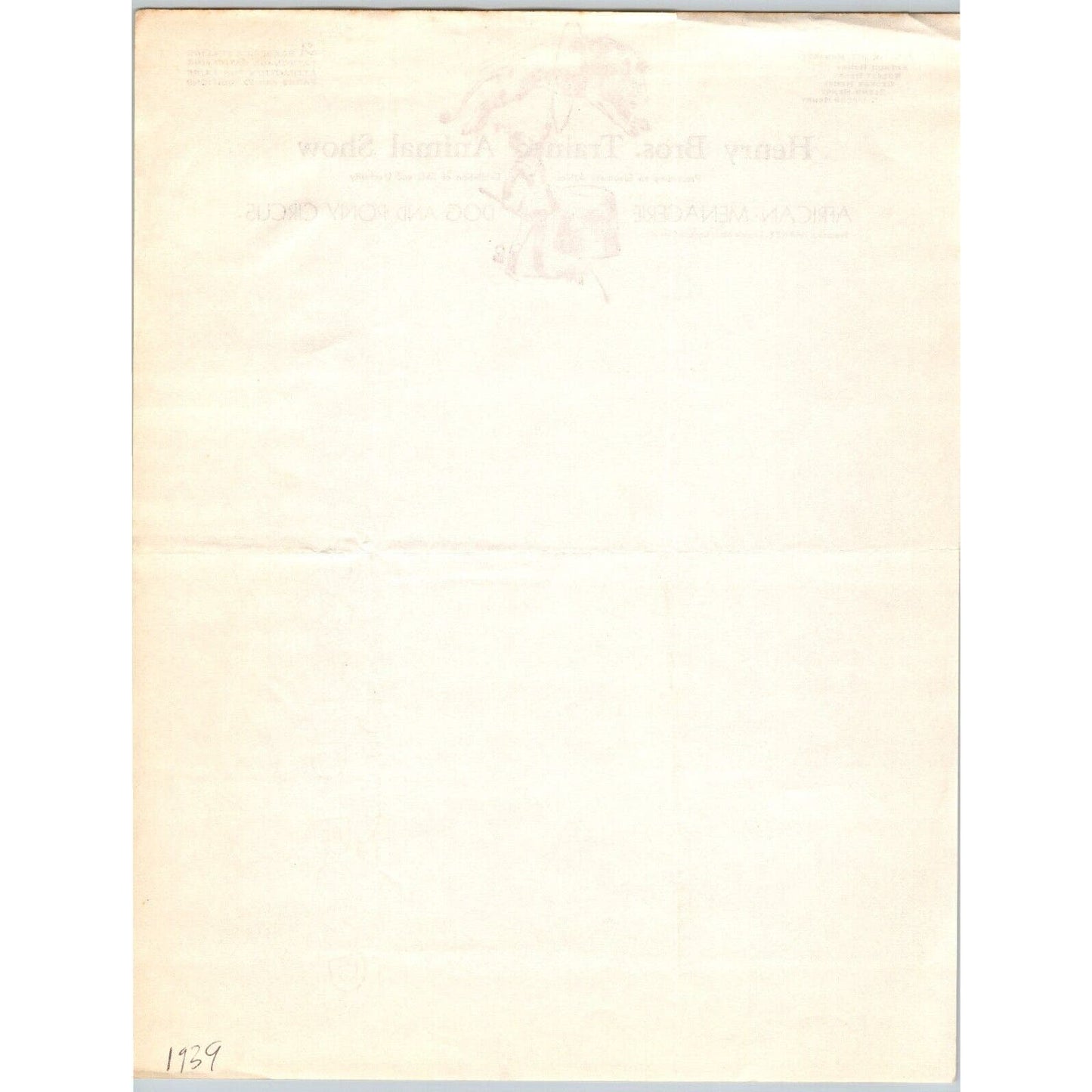 Henry Bros. Trained Animal Show Circus Letterhead c1939 Ringmaster Very Scarce