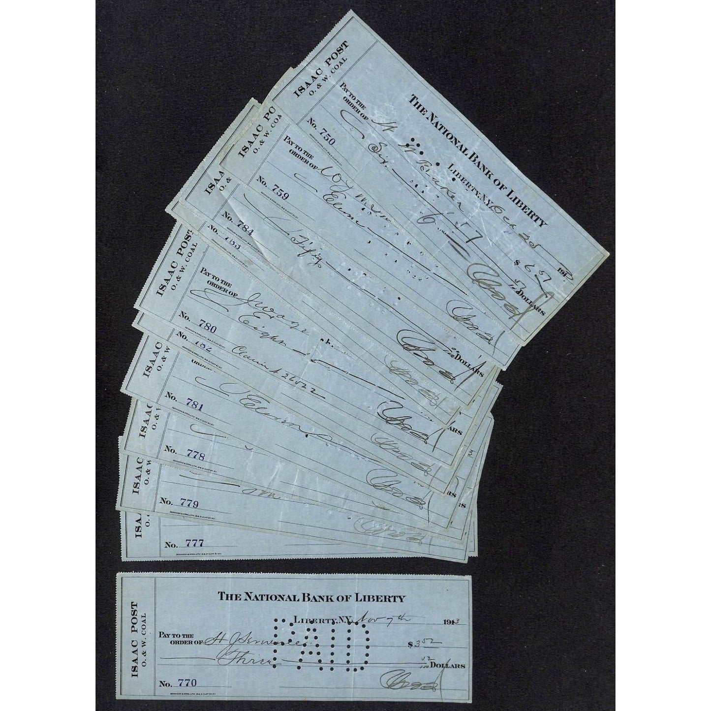 Liberty, NY Isaac Post O & W Coal National Bank of Liberty Checks 1903 (11 pcs.)