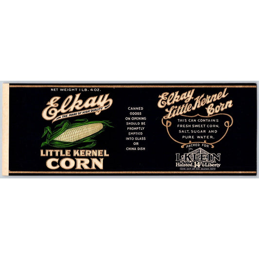 Elkay Little Kernel Corn Paper Can Label L. Klein Halsted c1920's Emb. VGC