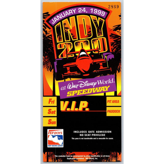 1999 Indy 200 Walt Disney World Speedway VIP Pit Paddock Pass VGC #2869