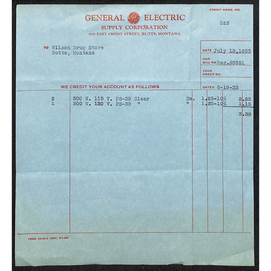GE General Electric Butte Montana 1933 Billhead Letterhead - Wilson Drug