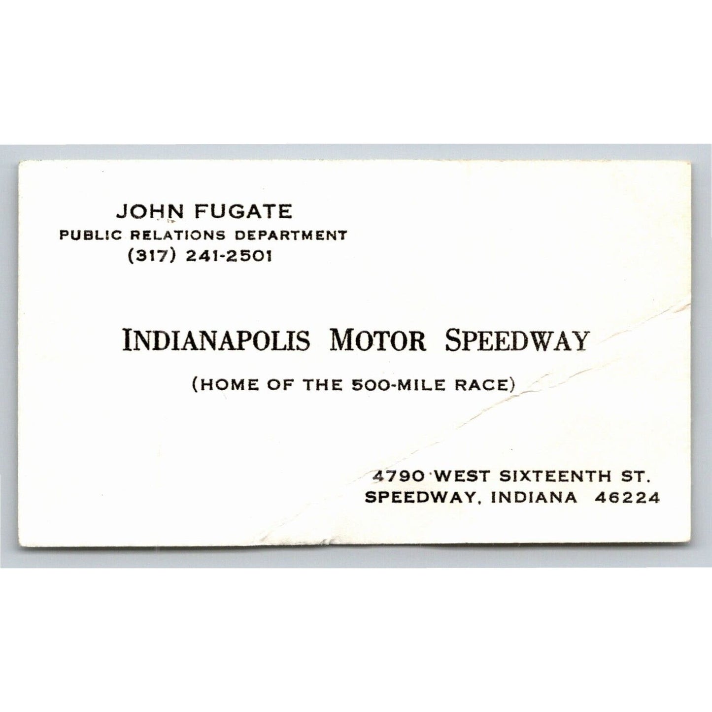 c1970's-80's Indy 500 John Fugate Employee Business Card Indianapolis IMS