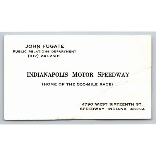c1970's-80's Indy 500 John Fugate Employee Business Card Indianapolis IMS